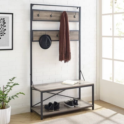 72" Industrial Farmhouse Metal And Wood Hall Tree Gray Wash - Saracina Home 1 72" Industrial Farmhouse Metal And Wood Hall Tree Gray Wash - Saracina Home
