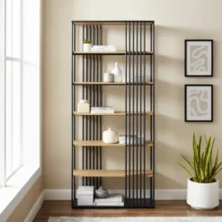 79" Modern 6 Shelf With Metal Bar Bookcase Coastal Oak/Black - Saracina Home 11 79" Modern 6 Shelf With Metal Bar Bookcase Coastal Oak/Black - Saracina Home -Saracina Home GUEST 03b6b14d 2b21 499f 860f 2782f5320208