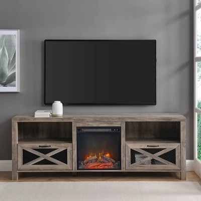 Newark Industrial Farmhouse Drop Down Metal Mesh X Door With Electric Fireplace TV Stand For TVs Up To 80" - Saracina Home 3 Newark Industrial Farmhouse Drop Down Metal Mesh X Door With Electric Fireplace TV Stand For TVs Up To 80" - Saracina Home - Image 3