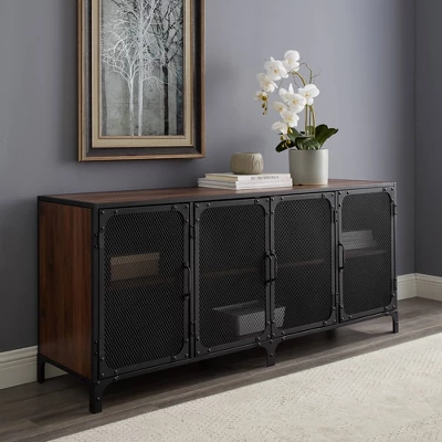 Urban Industrial Metal Mesh 4 Door TV Stand For TVs Up To 65" Dark Walnut - Saracina Home 2 Urban Industrial Metal Mesh 4 Door TV Stand For TVs Up To 65" Dark Walnut - Saracina Home - Image 2