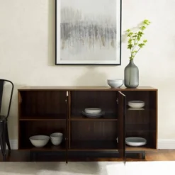 Shing Modern Striped Door 60" Sideboard With Glass Shelves Dark Walnut - Saracina Home