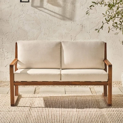 Saracina Home Modern Slat -Back Acacia Outdoor Bench With Cushions 2 Saracina Home Modern Slat -Back Acacia Outdoor Bench With Cushions - Image 2