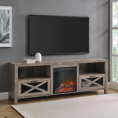 Newark Industrial Farmhouse Drop Down Metal Mesh X Door With Electric Fireplace TV Stand For TVs Up To 80" - Saracina Home 1 Newark Industrial Farmhouse Drop Down Metal Mesh X Door With Electric Fireplace TV Stand For TVs Up To 80" - Saracina Home