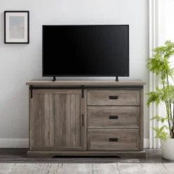 Orson Farmhouse Sliding Grooved Door Sideboard With 3 Drawers Gray Wash - Saracina Home -Saracina Home GUEST 2254278b 7ce9 40e1 a34c fc80cf64615d