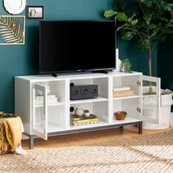 Pierceton Modern Double Glass Door With Metal Legs TV Stand For TVs Up To 58" White - Saracina Home 13 Pierceton Modern Double Glass Door With Metal Legs TV Stand For TVs Up To 58" White - Saracina Home -Saracina Home GUEST 2c1fd597 52e5 48a8 9e83 a72aa568db78