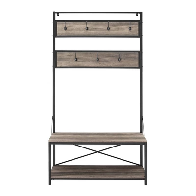 72" Industrial Farmhouse Metal And Wood Hall Tree Gray Wash - Saracina Home 2 72" Industrial Farmhouse Metal And Wood Hall Tree Gray Wash - Saracina Home - Image 2