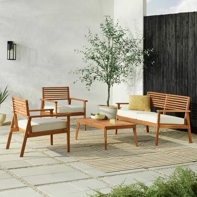 Saracina Home 4pc Mid-Century Modern Slatted Acacia Outdoor Patio Conversation Furniture Set 1 Saracina Home 4pc Mid-Century Modern Slatted Acacia Outdoor Patio Conversation Furniture Set