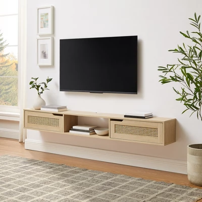 Modern Boho Floating TV Stand For TVs Up To 80" With Rattan Doors Coastal Oak - Saracina Home 1 Modern Boho Floating TV Stand For TVs Up To 80" With Rattan Doors Coastal Oak - Saracina Home