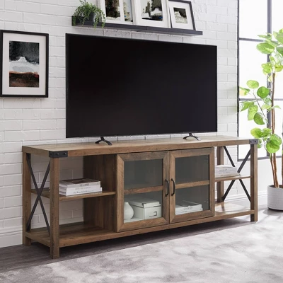 Sophie Rustic Farmhouse X Frame Glass Doors TV Stand For TVs Up To 80" Rustic Oak - Saracina Home 1 Sophie Rustic Farmhouse X Frame Glass Doors TV Stand For TVs Up To 80" Rustic Oak - Saracina Home