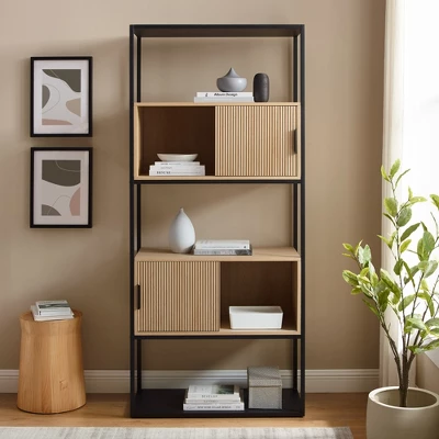 75" Modern Reeded Door Storage Bookshelf Coastal Oak/Black - Saracina Home 5 75" Modern Reeded Door Storage Bookshelf Coastal Oak/Black - Saracina Home - Image 5