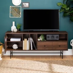 Modern Vinyl Record Player Storage TV Stand For TVs Up To 65" Dark Walnut - Saracina Home -Saracina Home GUEST 6c93749b 723f 48d5 b9a2 78d4a4813679