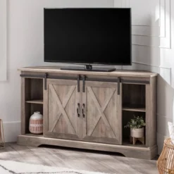 Robinson Rustic Transitional Sliding Barn Door Corner TV Stand For TVs Up To 58" - Saracina Home