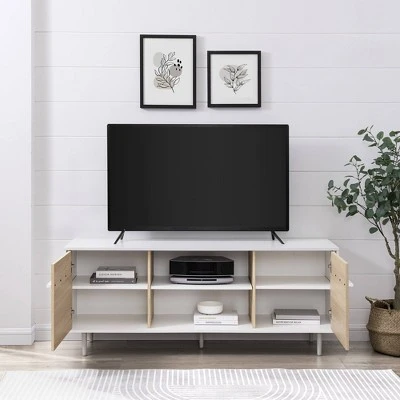 Modern 2 Door TV Stand For TVs Up To 65" Solid White/Coastal Oak/White - Saracina Home 5 Modern 2 Door TV Stand For TVs Up To 65" Solid White/Coastal Oak/White - Saracina Home - Image 5