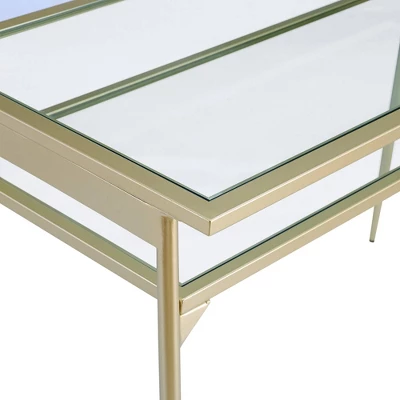 Modern 2 Tier Glass Top Writing Desk With Metal Legs Gold - Saracina Home 4 Modern 2 Tier Glass Top Writing Desk With Metal Legs Gold - Saracina Home - Image 4