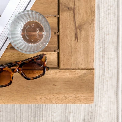 Ravenscroft Modern Boho Acacia Wood Slatted Outdoor Coffee Table With Lower Shelf - Saracina Home 2 Ravenscroft Modern Boho Acacia Wood Slatted Outdoor Coffee Table With Lower Shelf - Saracina Home - Image 2