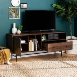Modern Vinyl Record Player Storage TV Stand For TVs Up To 65" Dark Walnut - Saracina Home -Saracina Home GUEST 98d6a861 7091 418c 9351 ed4df69ef1a9