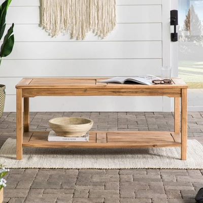 Ravenscroft Modern Boho Acacia Wood Slatted Outdoor Coffee Table With Lower Shelf - Saracina Home 9 Ravenscroft Modern Boho Acacia Wood Slatted Outdoor Coffee Table With Lower Shelf - Saracina Home - Image 9