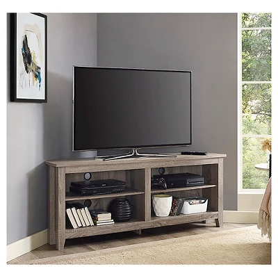Transitional 4 Cubby Wood Open Storage Corner TV Stand For TVs Up To 65" - Saracina Home 9 Transitional 4 Cubby Wood Open Storage Corner TV Stand For TVs Up To 65" - Saracina Home - Image 9