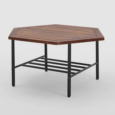 Saybrook Modern Metal And Wood Patio Hexagon Coffee Table - Dark Brown - Saracina Home 4 Saybrook Modern Metal And Wood Patio Hexagon Coffee Table - Dark Brown - Saracina Home - Image 4