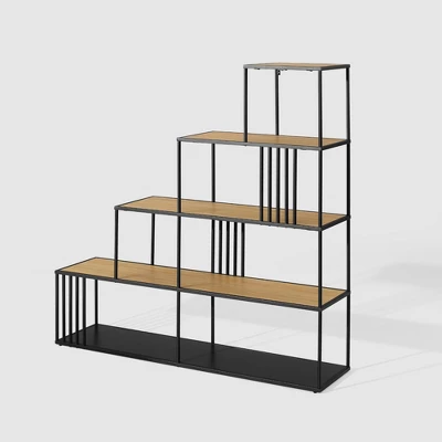 55.5" Modern 4 Shelf With Metal Bar Room Divider Bookcase Coastal Oak/Black - Saracina Home 5 55.5" Modern 4 Shelf With Metal Bar Room Divider Bookcase Coastal Oak/Black - Saracina Home - Image 5