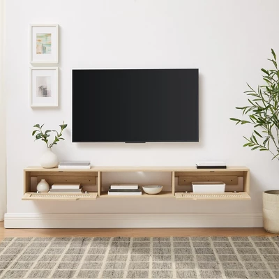 Modern Boho Floating TV Stand For TVs Up To 80" With Rattan Doors Coastal Oak - Saracina Home 5 Modern Boho Floating TV Stand For TVs Up To 80" With Rattan Doors Coastal Oak - Saracina Home - Image 5