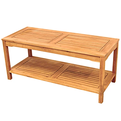 Ravenscroft Modern Boho Acacia Wood Slatted Outdoor Coffee Table With Lower Shelf - Saracina Home 11 Ravenscroft Modern Boho Acacia Wood Slatted Outdoor Coffee Table With Lower Shelf - Saracina Home - Image 11