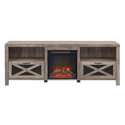 Newark Industrial Farmhouse Drop Down Metal Mesh X Door With Electric Fireplace TV Stand For TVs Up To 80" - Saracina Home 2 Newark Industrial Farmhouse Drop Down Metal Mesh X Door With Electric Fireplace TV Stand For TVs Up To 80" - Saracina Home - Image 2