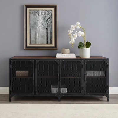 Urban Industrial Metal Mesh 4 Door TV Stand For TVs Up To 65" Dark Walnut - Saracina Home 3 Urban Industrial Metal Mesh 4 Door TV Stand For TVs Up To 65" Dark Walnut - Saracina Home - Image 3