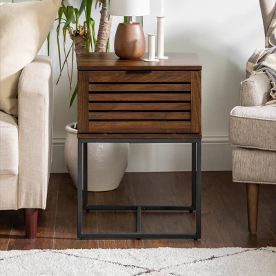Visconti Boho Slat Pull Down Door Side Table Dark Walnut - Saracina Home 1 Visconti Boho Slat Pull Down Door Side Table Dark Walnut - Saracina Home