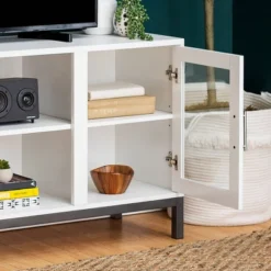 Pierceton Modern Double Glass Door With Metal Legs TV Stand For TVs Up To 58" White - Saracina Home 12 Pierceton Modern Double Glass Door With Metal Legs TV Stand For TVs Up To 58" White - Saracina Home -Saracina Home GUEST cd8100c3 ed88 450c a14a ba50adbd04eb