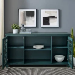 Bayland Transitional Double Fretwork Door Sideboard Antique Dark Teal - Saracina Home