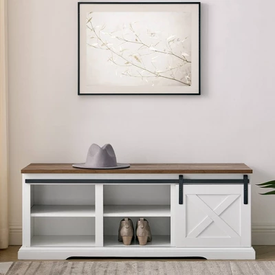 48" Transitional Sliding Barn Door Wood Bench White/Rustic Oak - Saracina Home 4 48" Transitional Sliding Barn Door Wood Bench White/Rustic Oak - Saracina Home - Image 4