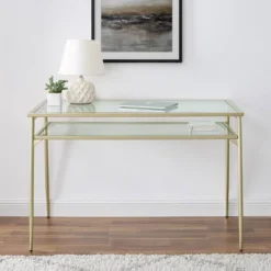 Modern 2 Tier Glass Top Writing Desk With Metal Legs Gold - Saracina Home 6 Modern 2 Tier Glass Top Writing Desk With Metal Legs Gold - Saracina Home -Saracina Home GUEST f29dbca3 f72a 47f1 b485 067966ea3eef