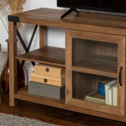 Sophie Rustic Farmhouse X Frame Glass Doors TV Stand For TVs Up To 80" Rustic Oak - Saracina Home 24 Sophie Rustic Farmhouse X Frame Glass Doors TV Stand For TVs Up To 80" Rustic Oak - Saracina Home -Saracina Home GUEST fcb990cb 6a16 450e b621 062a163db296